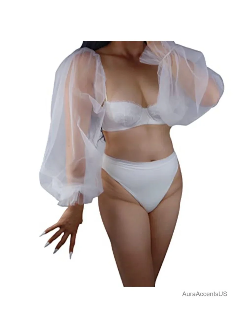 Fingerless Detachable Puff Tulle Gloves 28in Long Super Sheer Mesh
